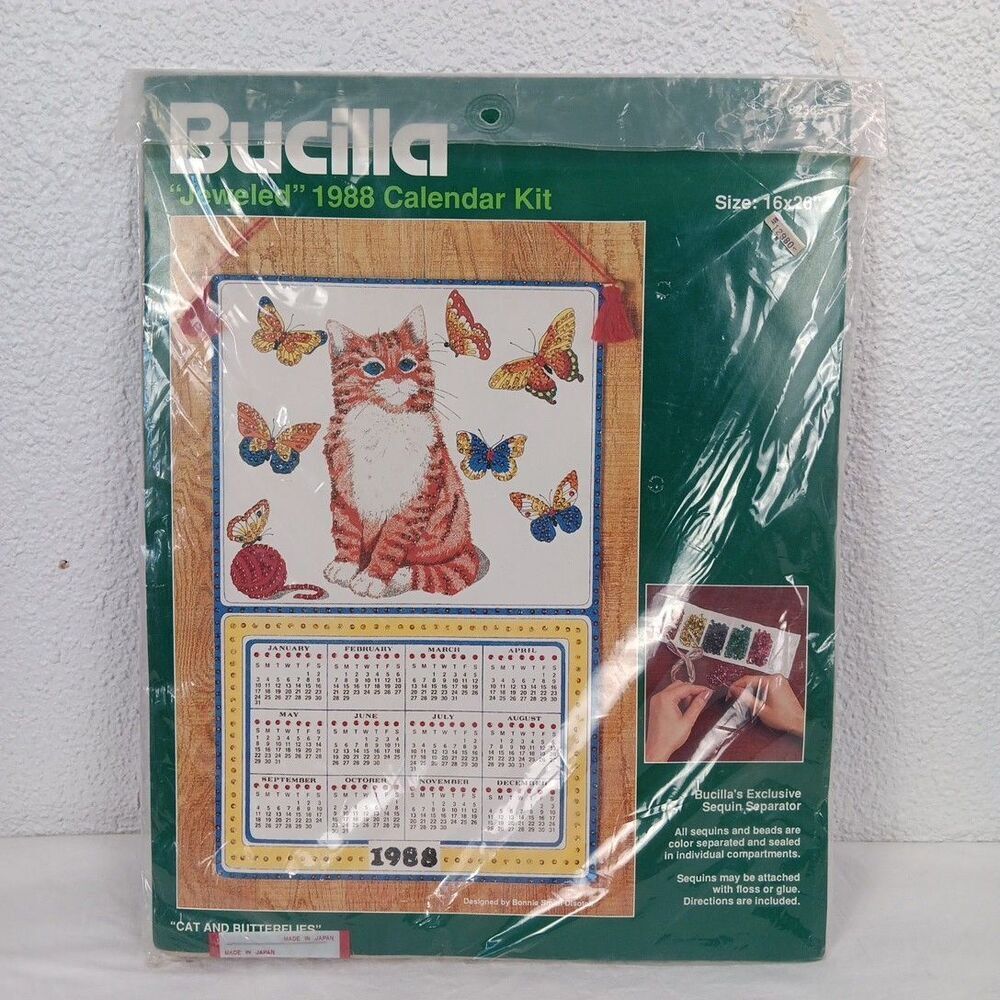Bucilla Jeweled Calendar Kit from 1988 Cat and Butterflies 16x26 Vintage Sealed